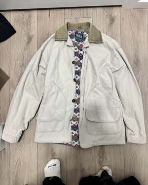 Vintage Woolrich Pattern-Lined Canvas Barn Coat with Corduroy Collar